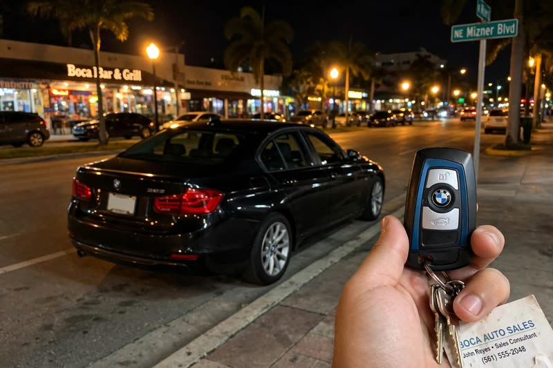 BMW key fob on a Boca Raton street at night