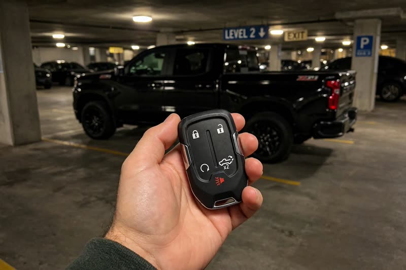 GMC truck key fob in a parking garage
